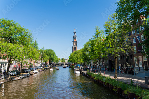 View over the Prinsengracht in the historic center of Amsterdam during summer
