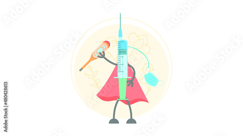 Abstract Flat Medic Syringe In A Raincoat With Mask And Thermometer Cartoon People Character Concept Illustration Vector Design Style Coronavirus COVID-19 Mass Vaccination Healthcare Epidemic