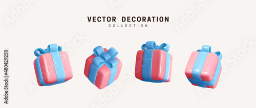 Set of realistic 3d gifts box. Holiday decoration presents. Festive gift surprise. Decor Isolated boxes. Vector illustration