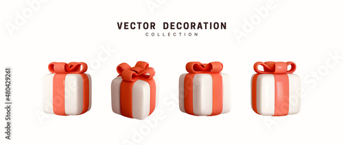 Set of realistic 3d gifts box. Holiday decoration presents. Festive gift surprise. Decor Isolated boxes. Vector illustration