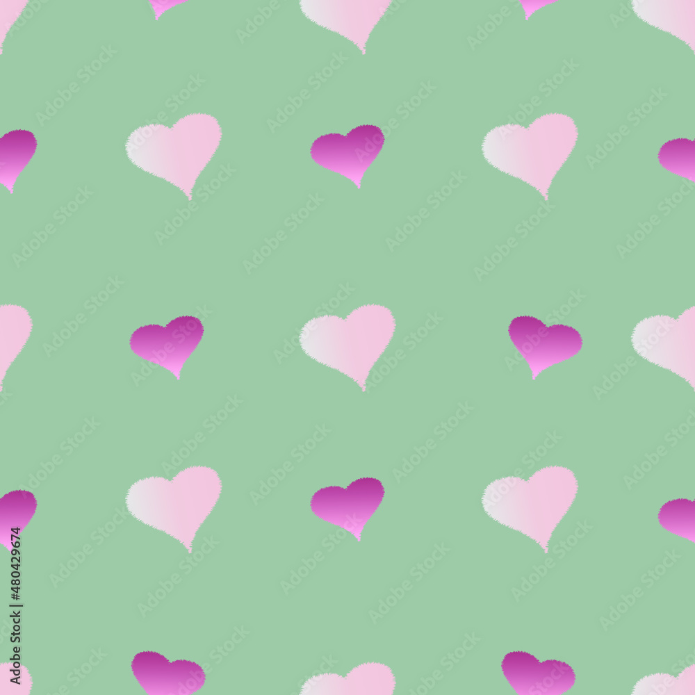 Pink and burgundy plush hearts on a light green background. For Valentine's Day. Vector drawing for February 14th. SEAMLESS PATTERN WITH HEARTS. For wallpaper, background, postcards.
