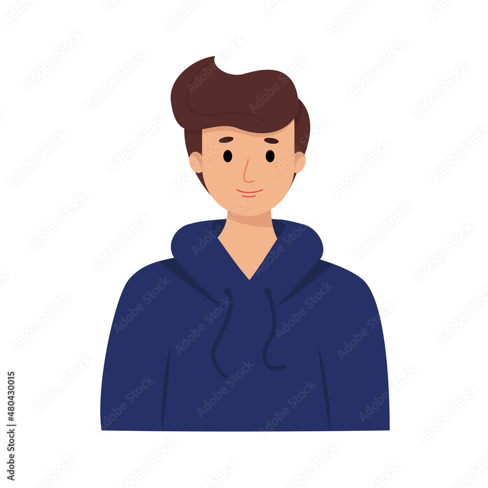 Teenage boy with modern fashionable hairstyle in blue sweatshirt with hood, isolated on white background. Portrait, avatar. Funny boy, character. Vector flat illustration Teenage boy with modern fashionable hairstyle in blue sweatshirt with hood, isolated on white background. Portrait, avatar. Funny boy, character. Vector flat illustration