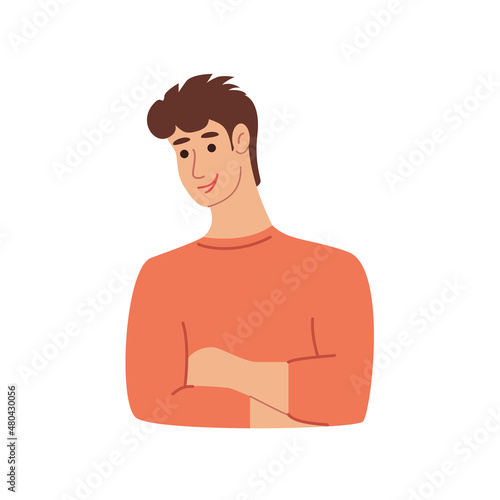 Sporty, muscular, smiling young man with his arms folded on his chest. Portrait, avatar of joyful athlete, sportsman, coach, isolated on a white background. Character outline. Vector Illustration