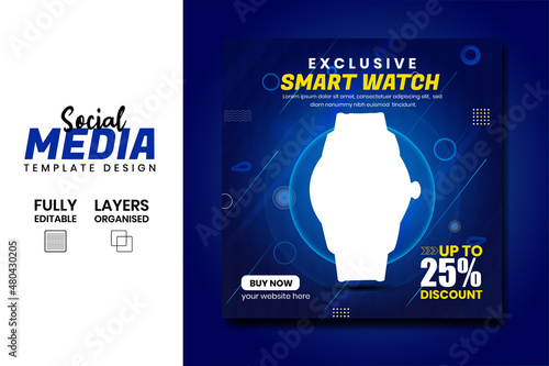 Smart watch product sale and promotional social media post ad banner  template design. Gadget product advertising feed with super collection.