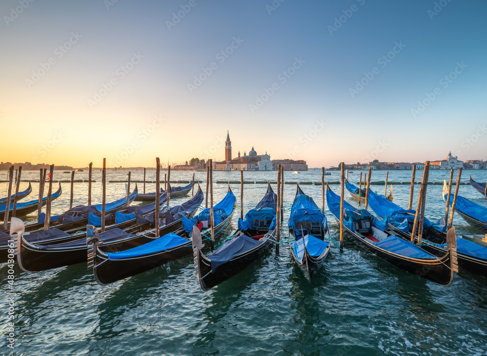 San Giorgio Maggiore and gondolas at sunrise, Venice, Italy San Giorgio Maggiore and gondolas at sunrise, Venice, Italy