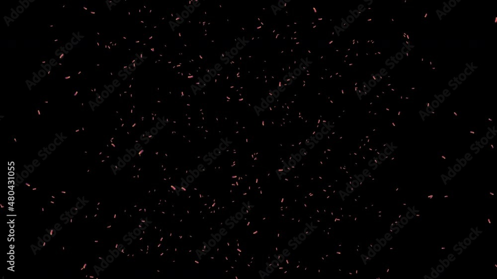 Abstract beautiful burning hot sparks flying from a big fire in the night sky and turning into smoke. 3d animation. 4K. Calming evening background. Isolated black background. Abstract beautiful burning hot sparks flying from a big fire in the night sky and turning into smoke. 3d animation. 4K. Calming evening background. Isolated black background.
