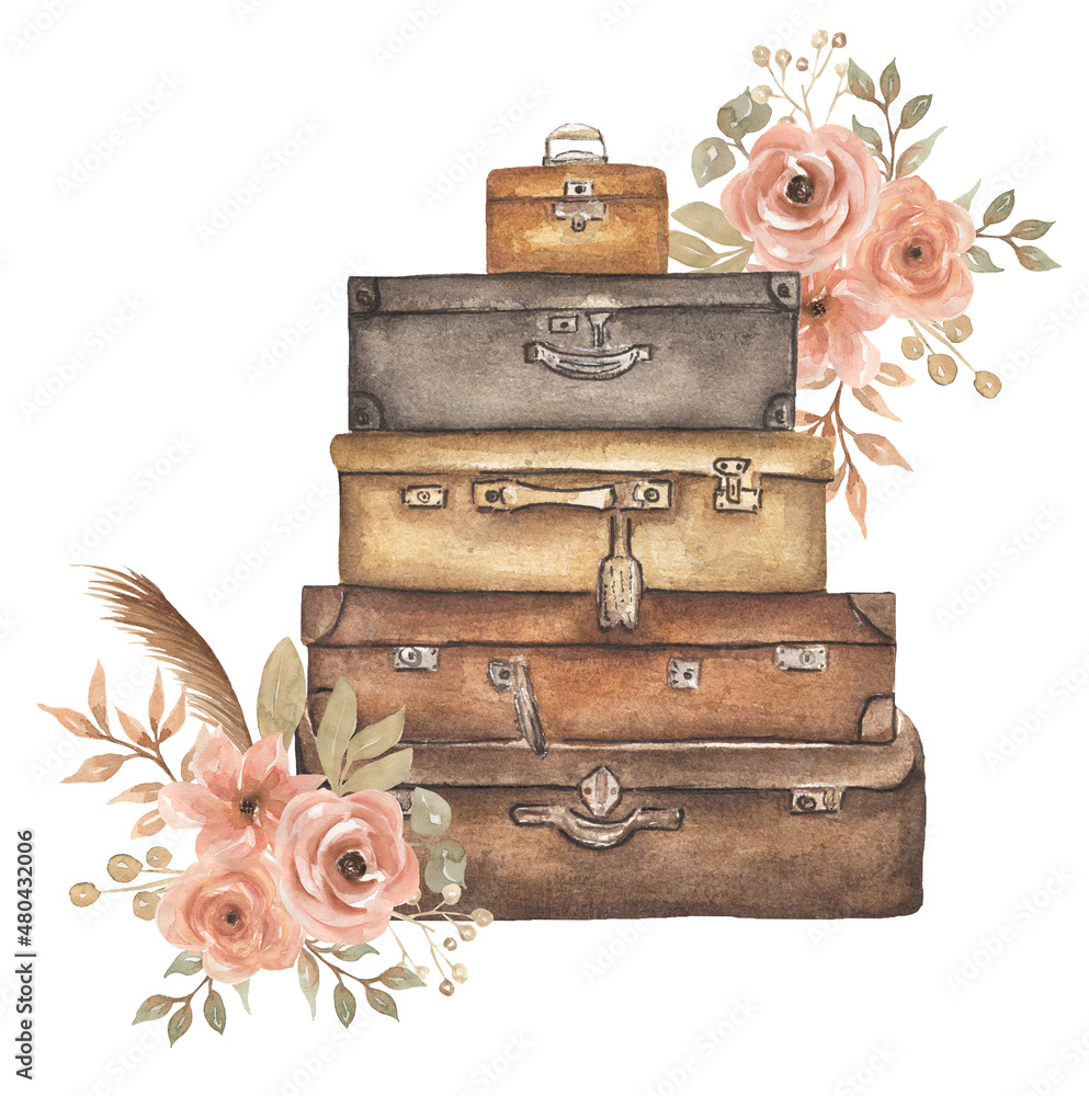 Stockillustratie Autumn Vintage Suitcase, Watercolor Fall Coral Floral  Bouquet, Beige Herbs, Luggage illustration, Travel Suitcase art, Old  suitcase poster, Retro design, Wedding Invites | Adobe Stock
