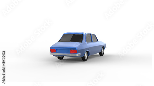 blue car rear view with shadow 3d render