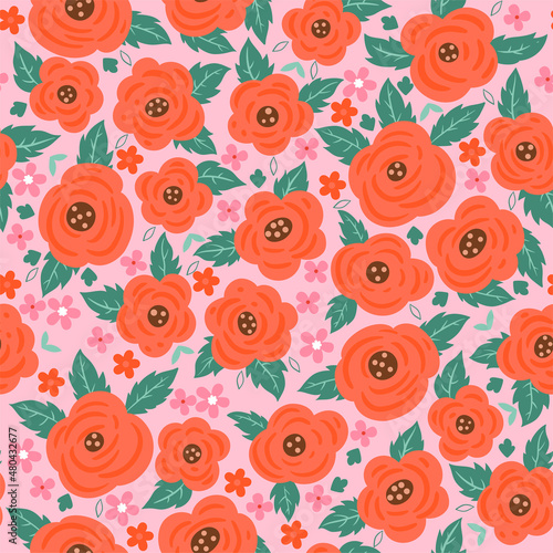 Seamless pattern of stylized roses. Vector graphics.