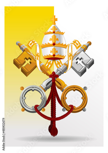 Vatican City State coat of arms on the background of the flag. Vector illustration.