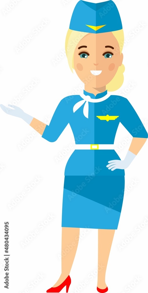 Flat cute cartoon stewardess of aircraft characters in air uniform. Flat cute cartoon stewardess of aircraft characters in air uniform.