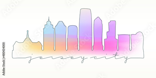 Jersey City, NJ, USA Skyline Watercolor City Illustration. Famous Buildings Silhouette Hand Drawn Doodle Art. Vector Landmark Sketch Drawing.