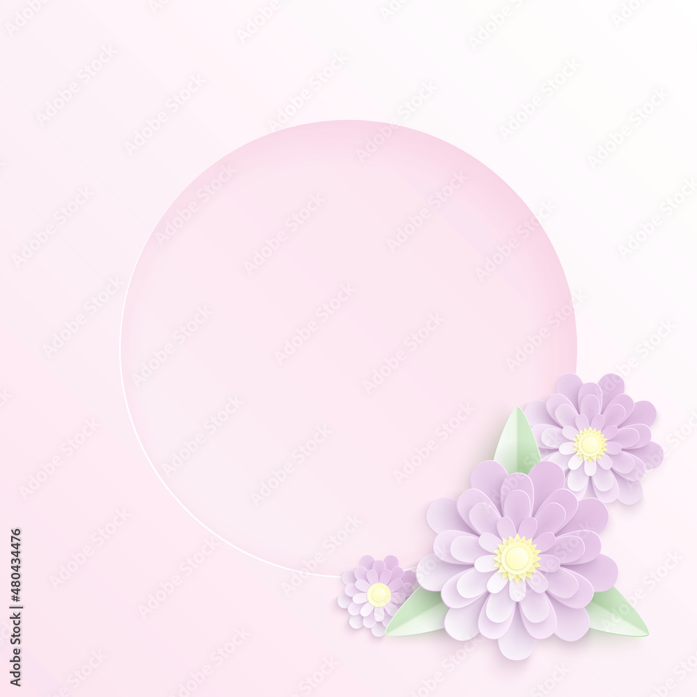 Cute pastel vector paper cut background with three purple flowers, green leaves and a round hole in center. Floral template design with violet layered elements for greeting card or wedding invitation