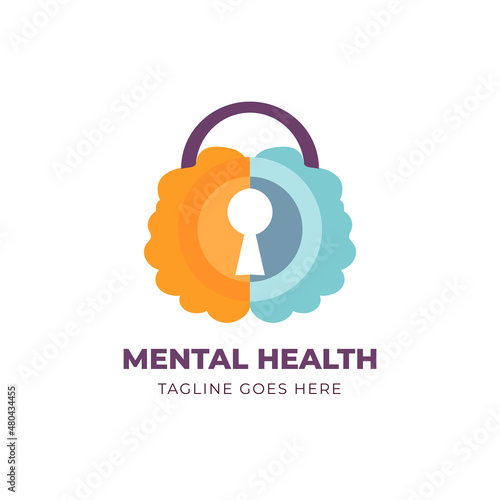 Vector flat psychologic Mental Health logo in modern colors, the brain looks like lock with hole, isolated. 