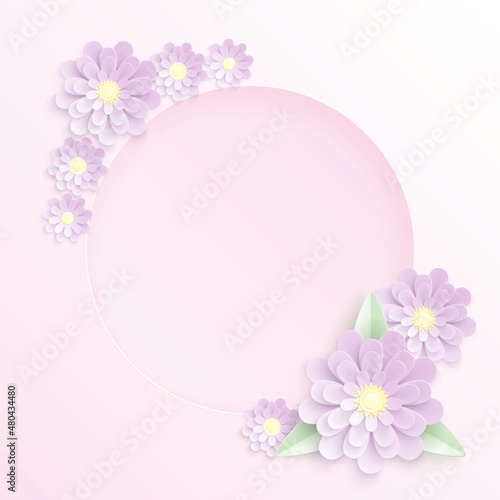 Cute pastel vector paper cut background with purple flowers, green leaves and a round hole in a center. Floral template design with violet layered elements for greeting card or wedding invitation