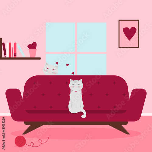 cat on the couch.   ouple love of cat in valentine day. cats in love. Vector illustration.
