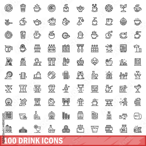 100 drink icons set, outline style
