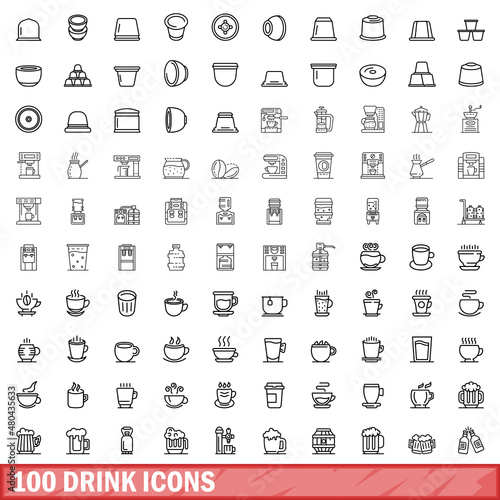 100 drink icons set, outline style