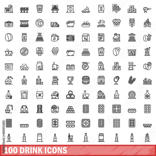 100 drink icons set, outline style