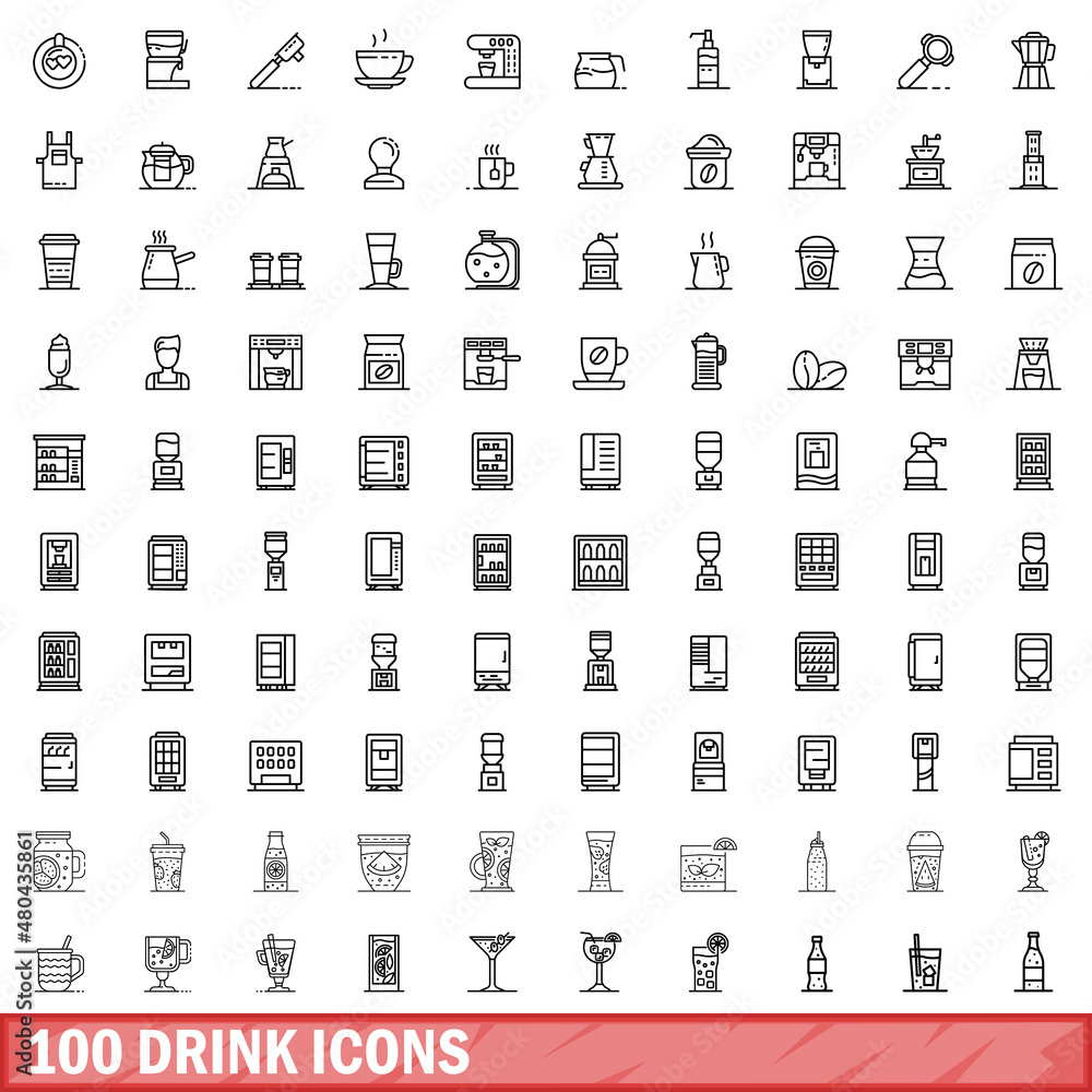 100 drink icons set, outline style 100 drink icons set, outline style