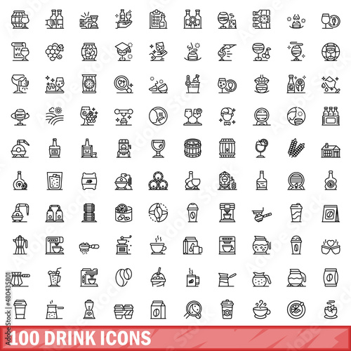 100 drink icons set, outline style
