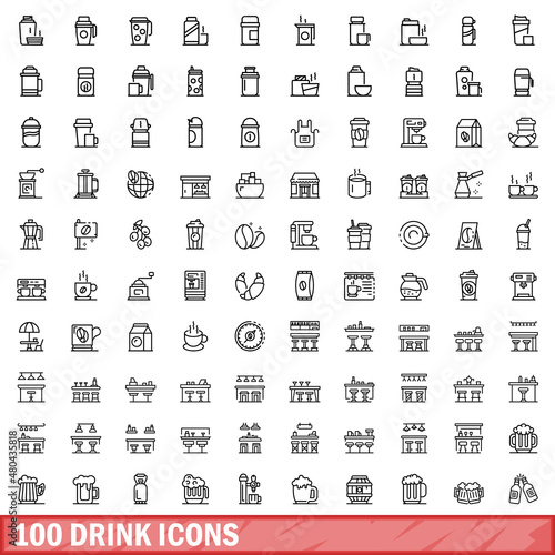 100 drink icons set, outline style