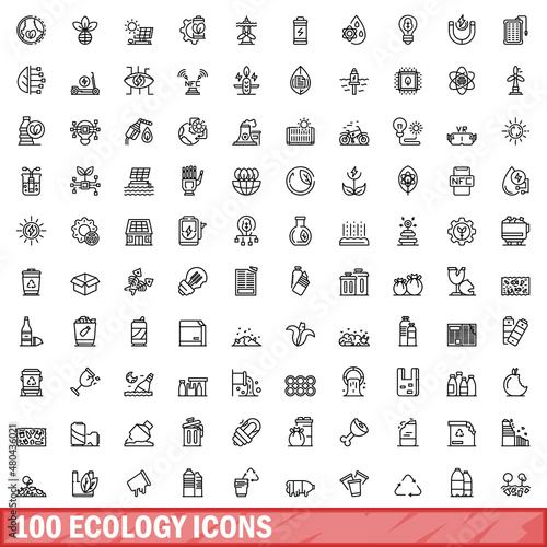 100 ecology icons set, outline style