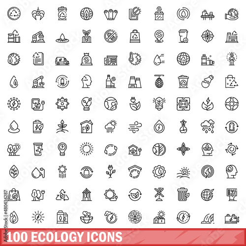 100 ecology icons set, outline style