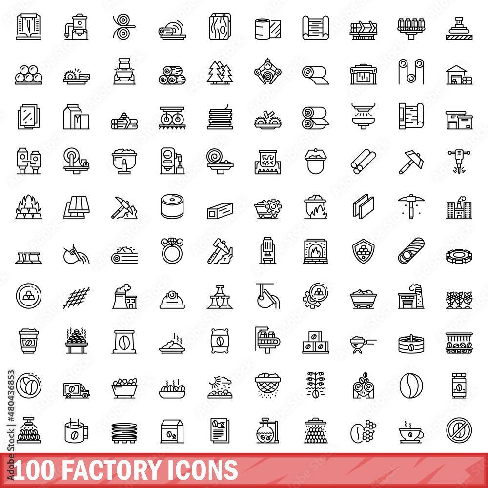 Fototapeta premium 100 factory icons set, outline style