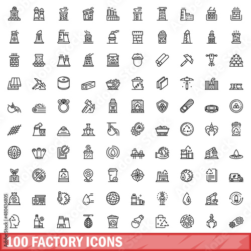 100 factory icons set, outline style