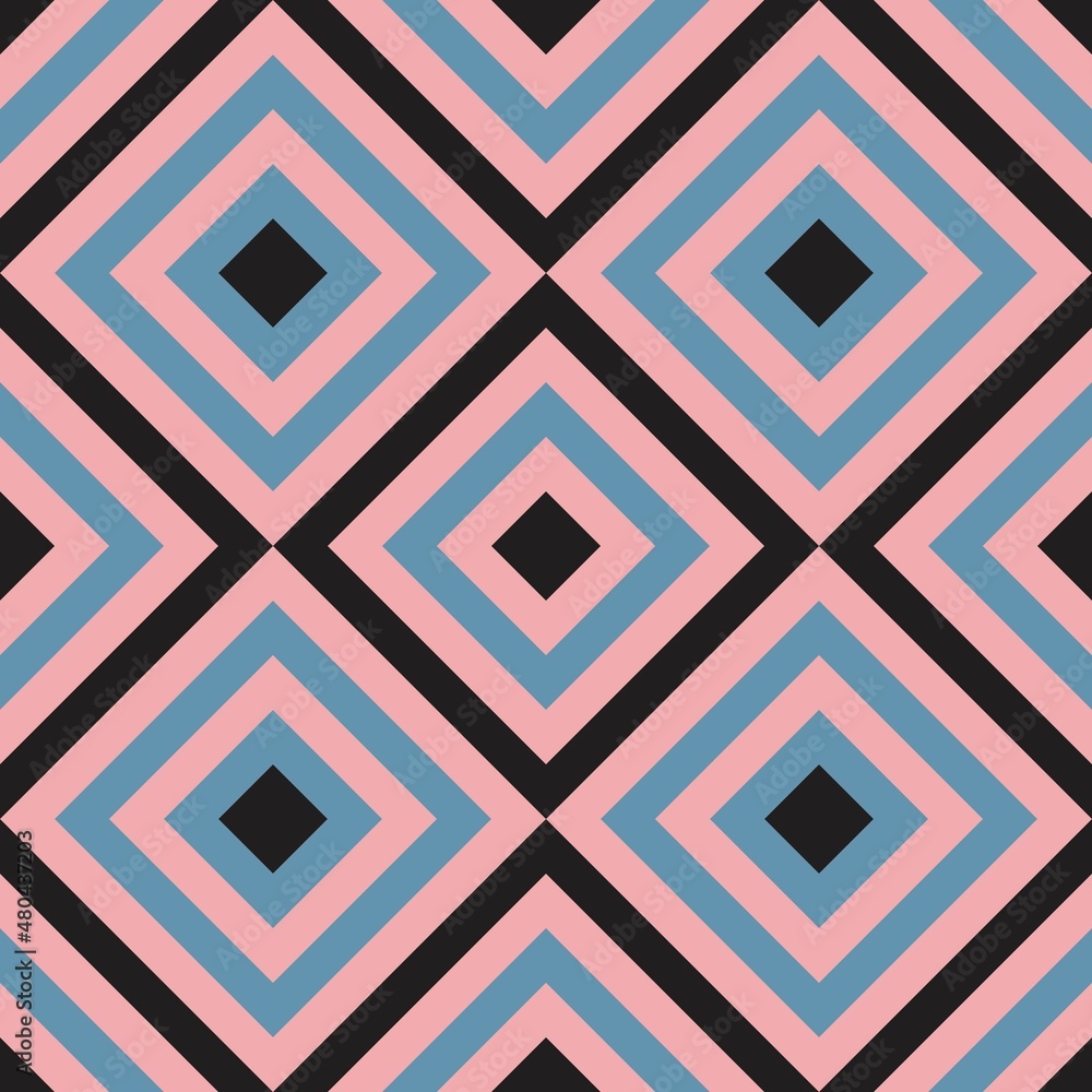 Black, pink, and blue abstract line geometric diagonal square seamless pattern background. Vector illustration. Black, pink, and blue abstract line geometric diagonal square seamless pattern background. Vector illustration.