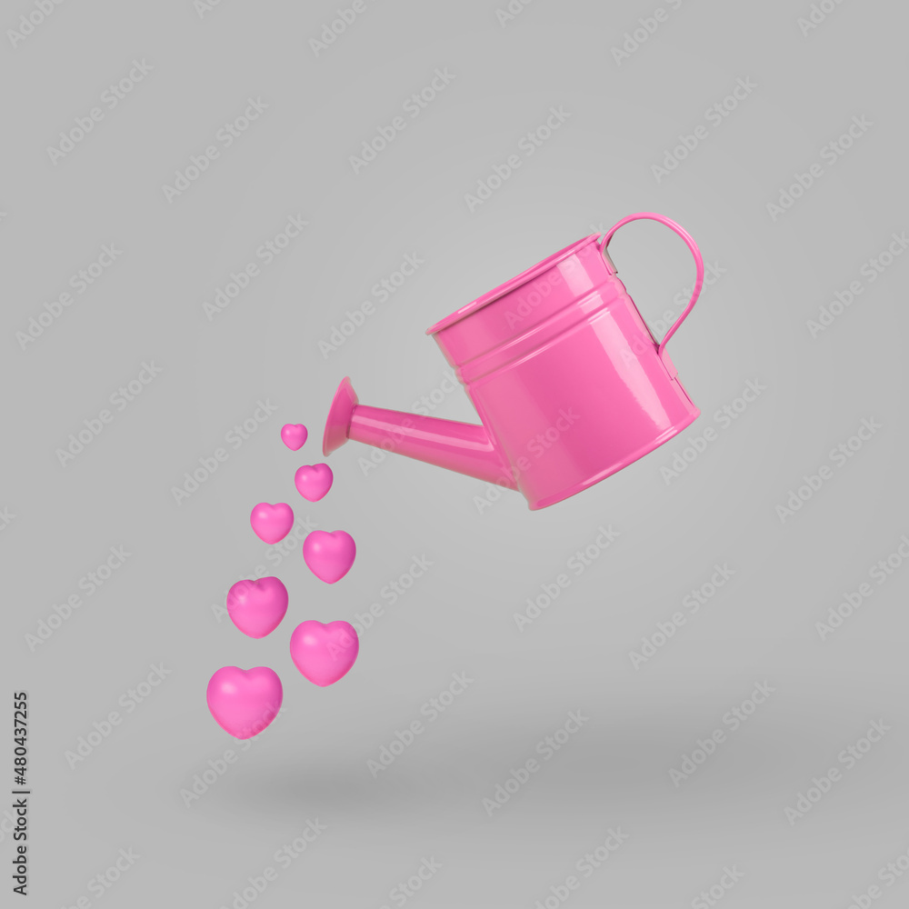 Obraz premium Watering can pouring pastel pink hearts. Valentines Day concept. Creative greeting card design idea.