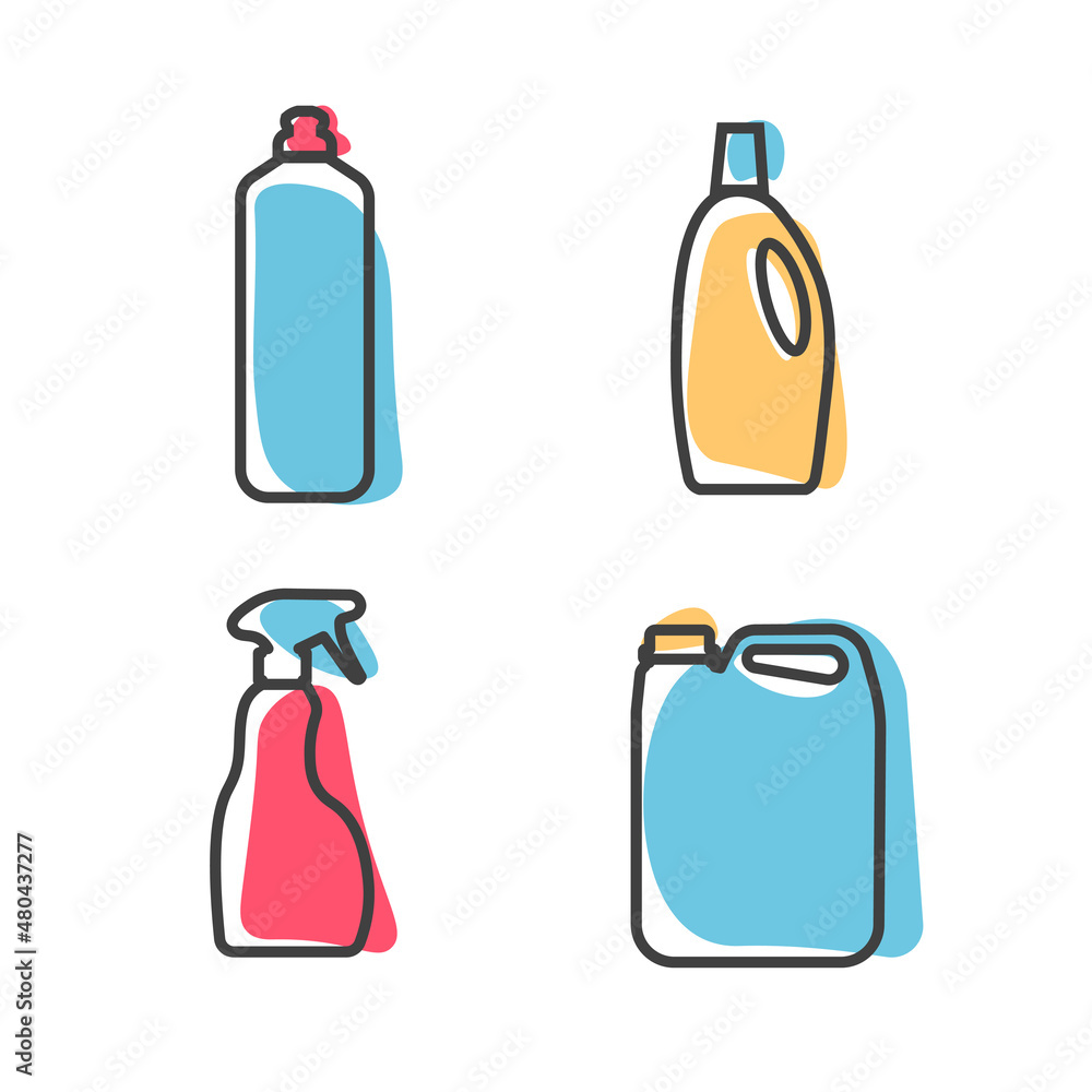 Detergent bottle linear icon set. Washing gel. Template of cleaning supplies. Isolated vector illustration. Detergent bottle linear icon set. Washing gel. Template of cleaning supplies. Isolated vector illustration.