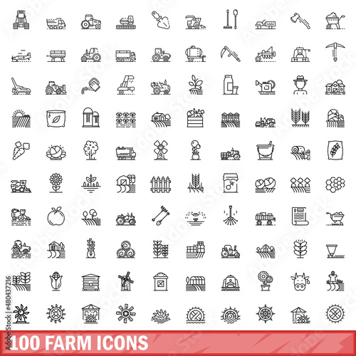 100 farm icons set, outline style
