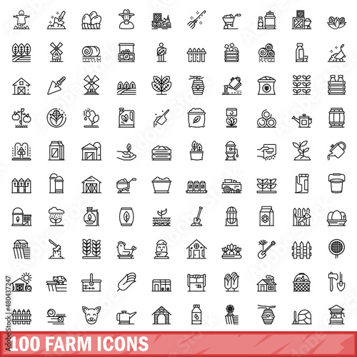 100 farm icons set, outline style