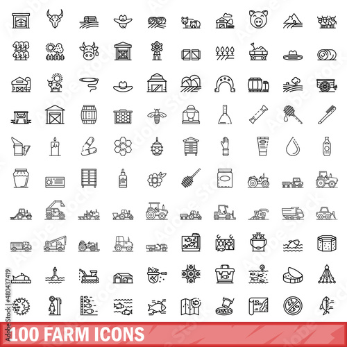 100 farm icons set, outline style