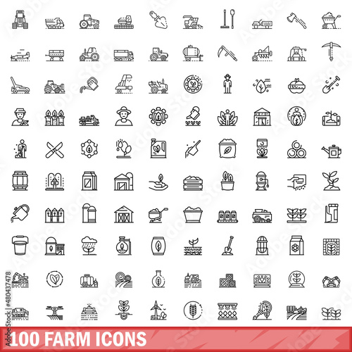 100 farm icons set, outline style