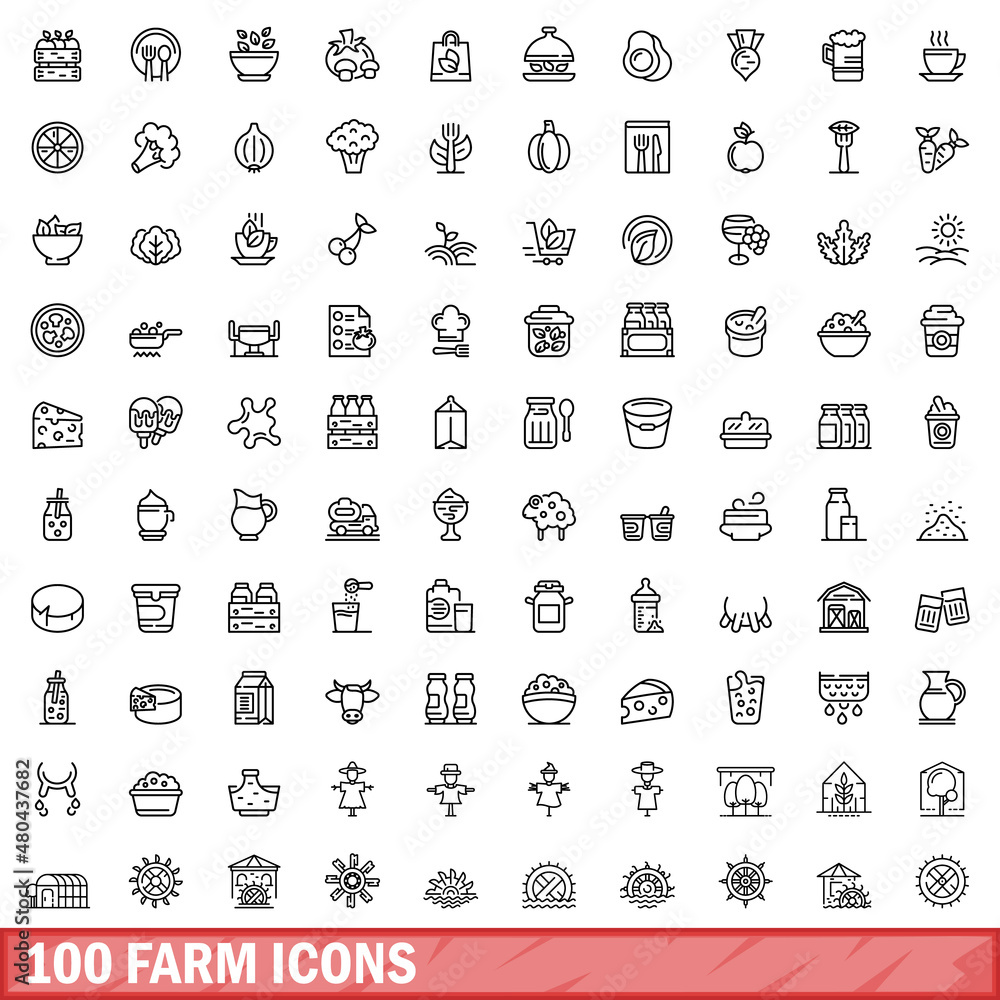 100 farm icons set, outline style 100 farm icons set, outline style
