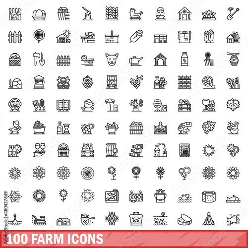 100 farm icons set, outline style