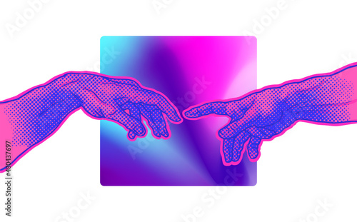 Vector hand drawn illustration of hands reaching for each other in colorful pink and blue vaporwave style halftone dot screen-printing.