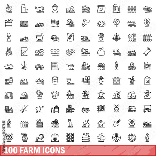 100 farm icons set, outline style