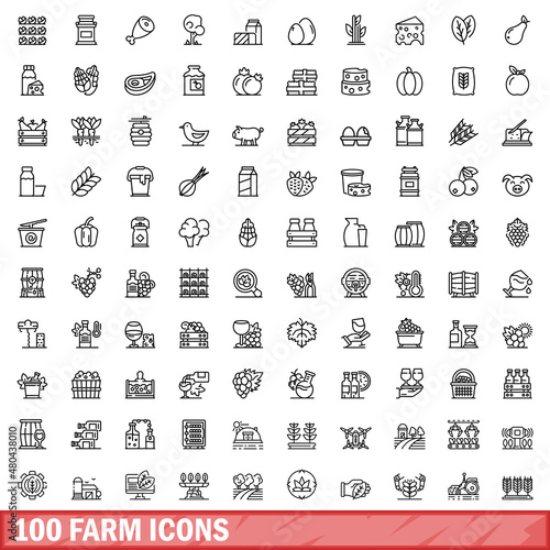 100 farm icons set, outline style
