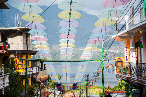 Colorful streets of San Juan La Laguna at Lake Atitlan, Guatemala. 