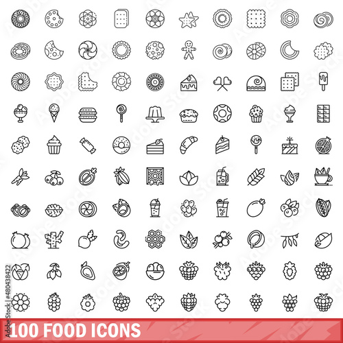 100 food icons set, outline style