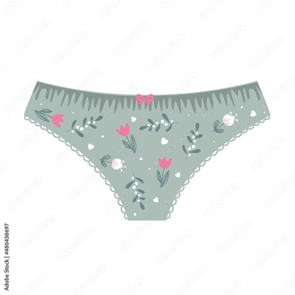 Women's cotton panties with a cute flower print. Trendy women's underwear. Female thongs. Flat colorful vector illustration of lingerie, isolated on white Women's cotton panties with a cute flower print. Trendy women's underwear. Female thongs. Flat colorful vector illustration of lingerie, isolated on white