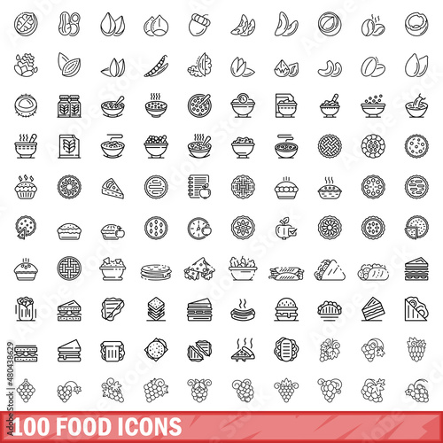 100 food icons set, outline style