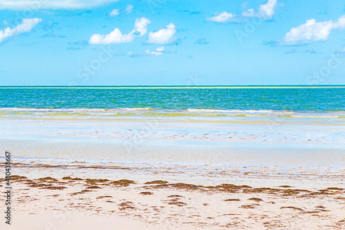 Fototapeta Naklejka Na Ścianę i Meble -  Natural Holbox island beach sandbank panorama turquoise water waves Mexico.