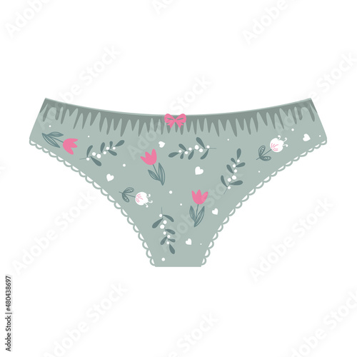 Women's cotton panties with a cute flower print. Trendy women's underwear. Female thongs. Flat colorful vector illustration of lingerie, isolated on white