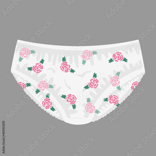 Women's cotton panties with a cute rose flower print. Trendy women's underwear. Female thongs. Flat colorful vector illustration of lingerie, isolated on white