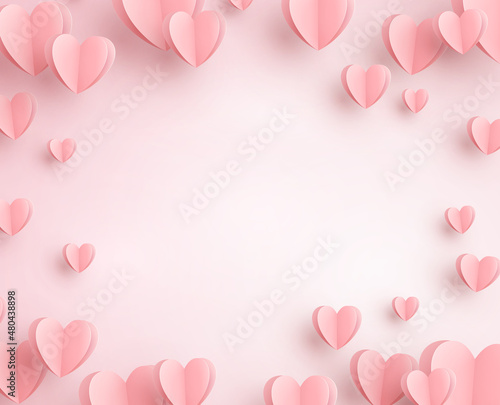 Paper flying elements in shape of heart on pink background. Vector symbols of love for Happy Women's, Mother's, Valentine's Day, birthday greeting card design